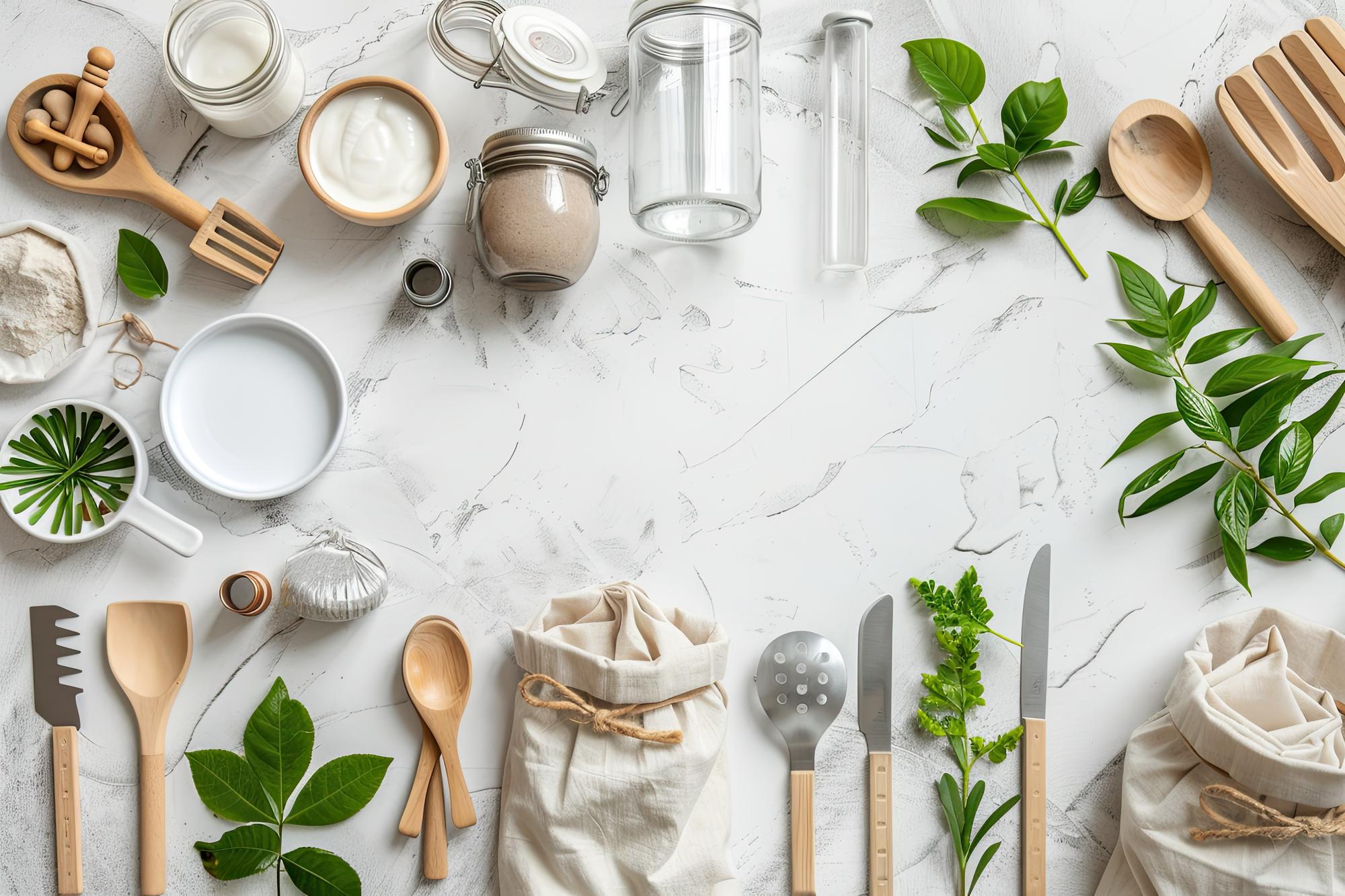 Bright kitchen workspace with herbs and utensils