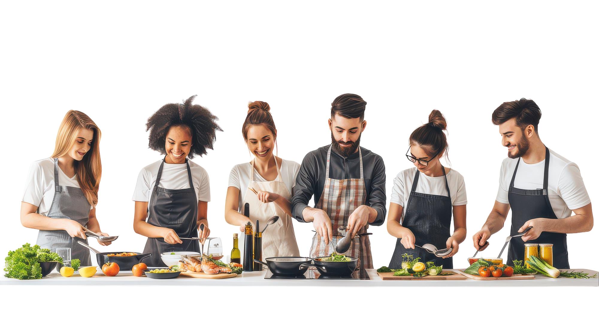 Participants around a kitchen island cooking together