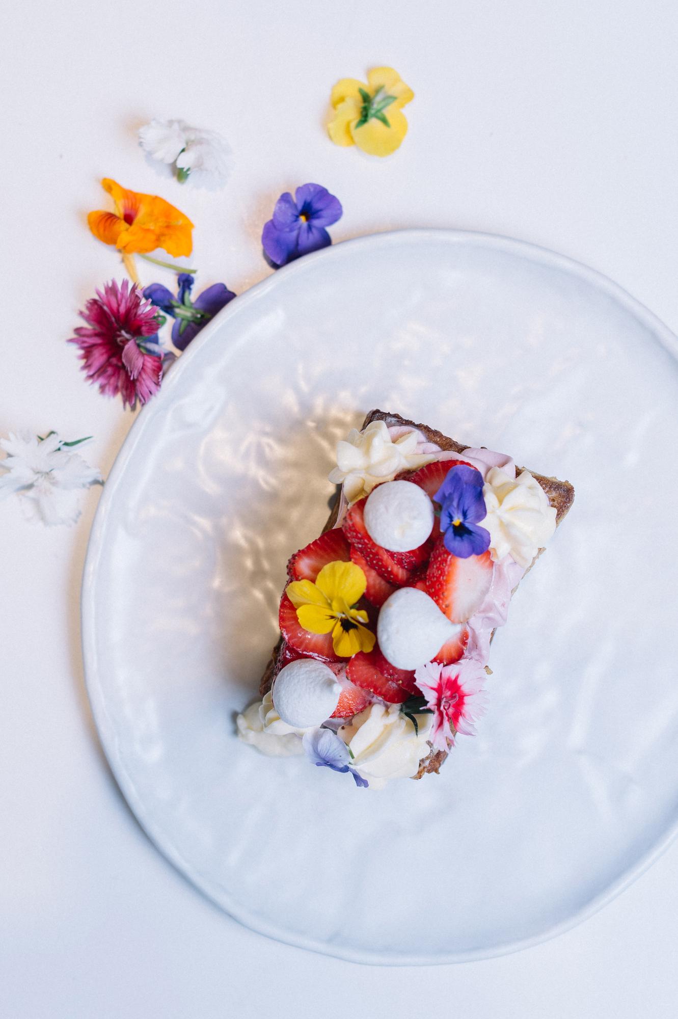 Finished dessert with edible flowers